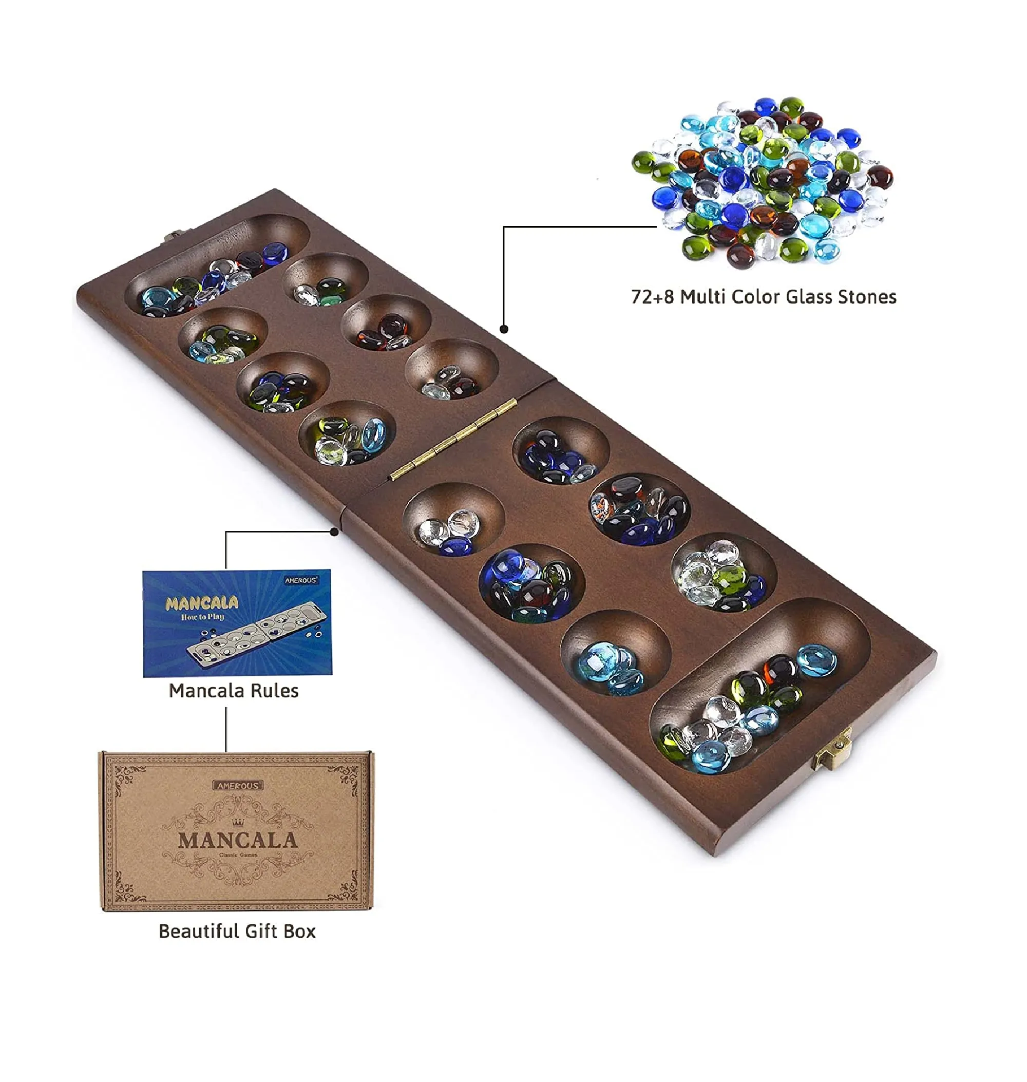 AMEROUS Wooden Mancala Board Game Set with 72 8 Bonus Multi Color Glass Stones Folding Board Mancala Instructions Gift Package Classic Family Board Game for Ages 6 to Adults Tabletop Version
