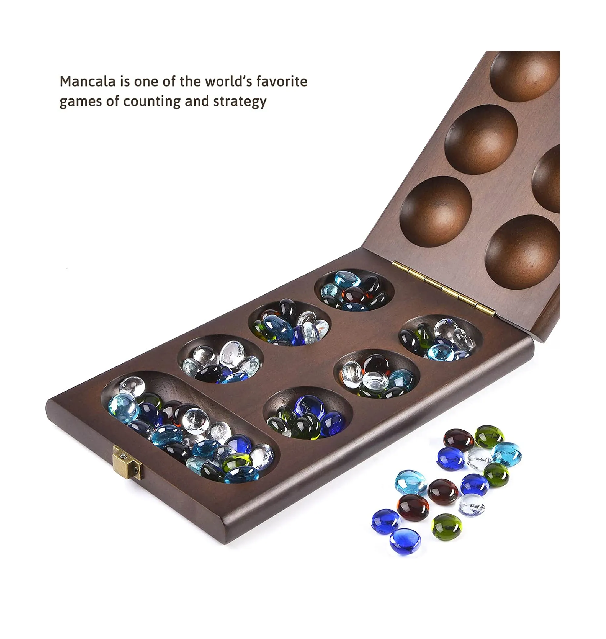 AMEROUS Wooden Mancala Board Game Set with 72 8 Bonus Multi Color Glass Stones Folding Board Mancala Instructions Gift Package Classic Family Board Game for Ages 6 to Adults Tabletop Version