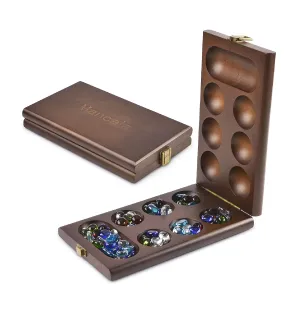 AMEROUS Wooden Mancala Board Game Set with 72 8 Bonus Multi Color Glass Stones Folding Board Mancala Instructions Gift Package Classic Family Board Game for Ages 6 to Adults Tabletop Version
