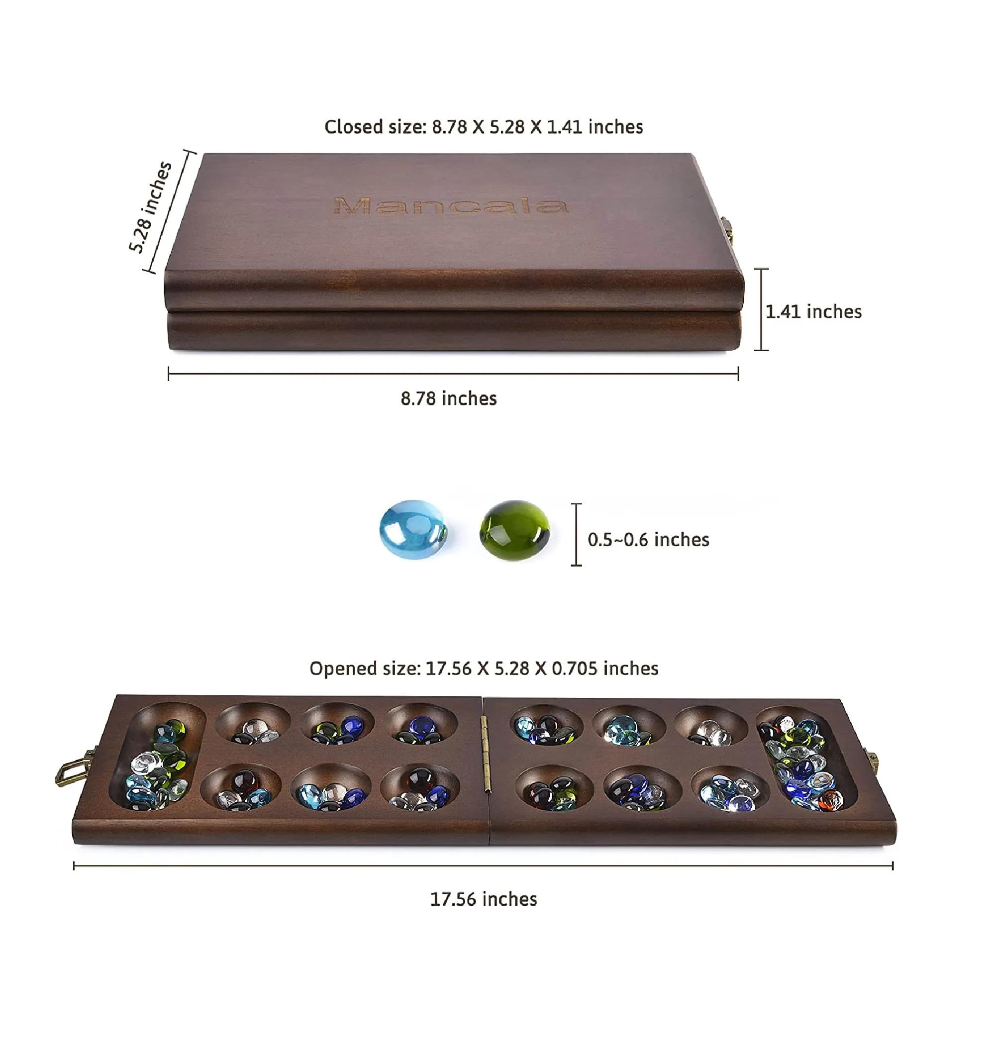 AMEROUS Wooden Mancala Board Game Set with 72 8 Bonus Multi Color Glass Stones Folding Board Mancala Instructions Gift Package Classic Family Board Game for Ages 6 to Adults Tabletop Version