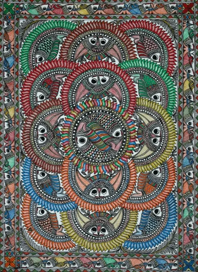Arcs of Fishes Madhubani Painting by Ambika Devi