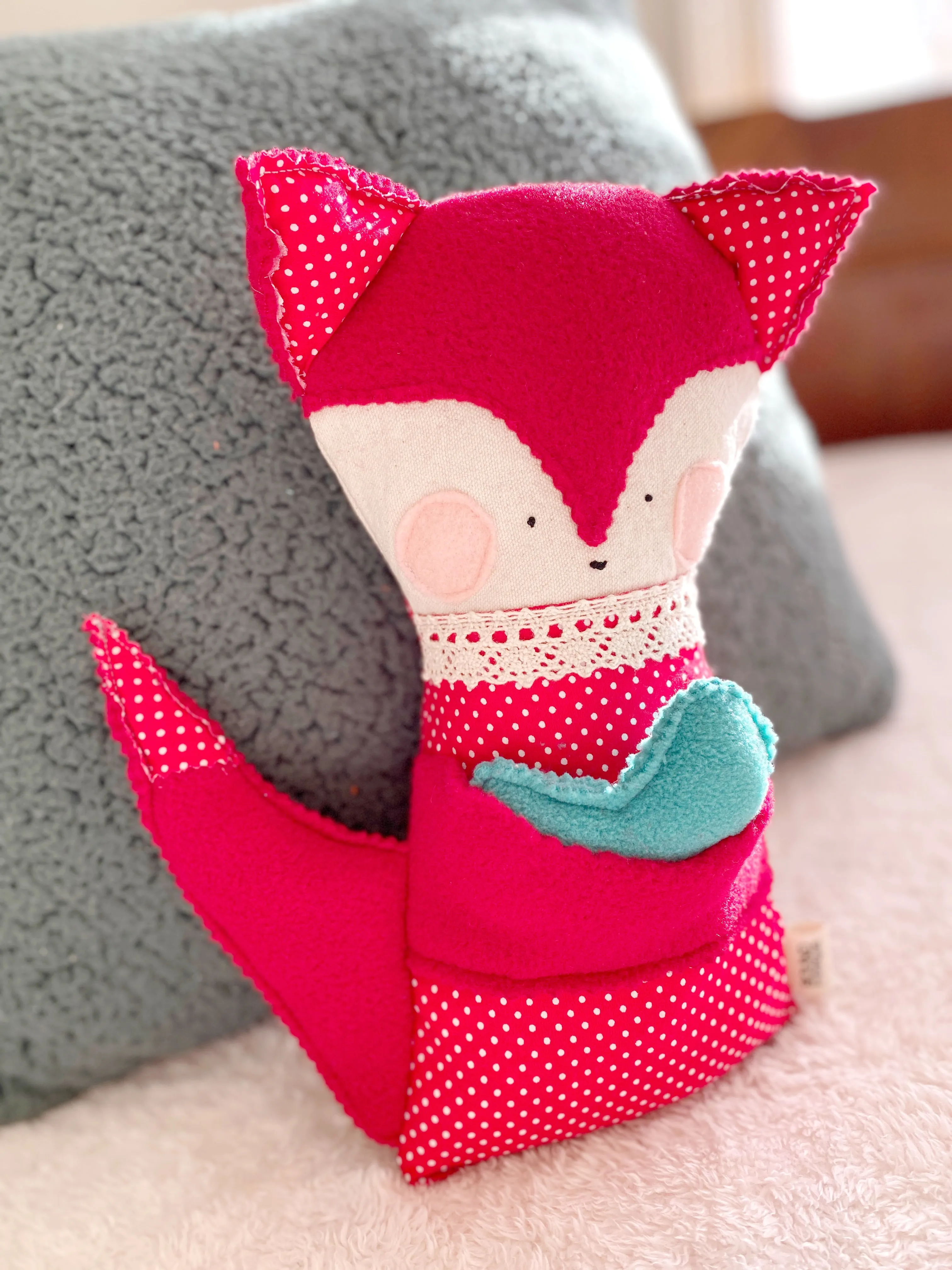 Creative Cuddles, Red Polka Dots Fox Animal for Kids, Children's Sensory Stuffed Animal, Upcycled Stuffed Fox for Kids