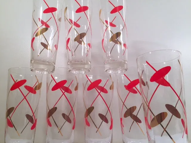 Federal Glass Rhythm Mid-Century Red and 22-Karat Gold Atomic Collins Glasses (Set of 8)