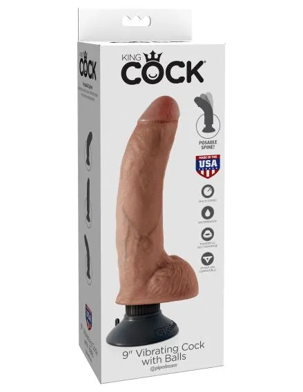 King Cock 9in Vibrating Tan With Balls