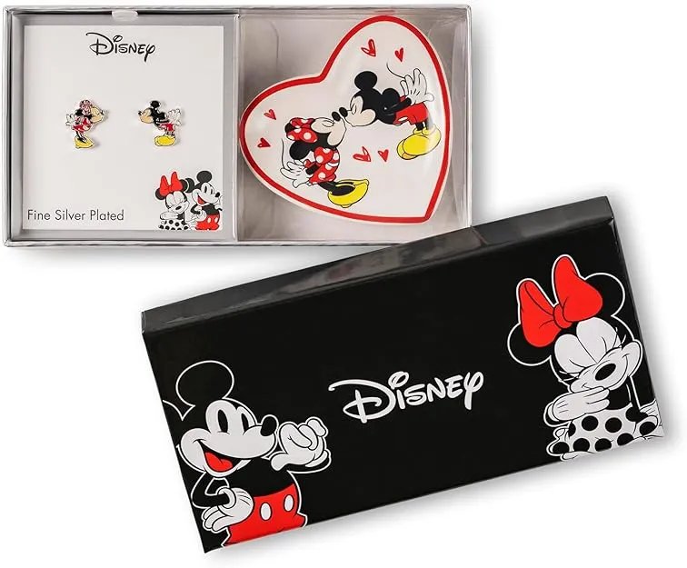 Mickey & Minnie Girls Earrings and Heart Trinket Tray Jewelry Dish Gift Set
