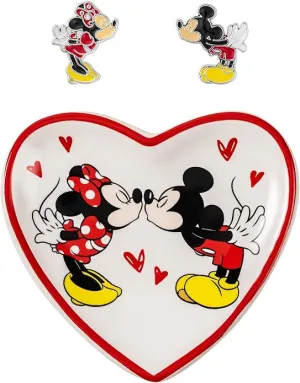 Mickey & Minnie Girls Earrings and Heart Trinket Tray Jewelry Dish Gift Set