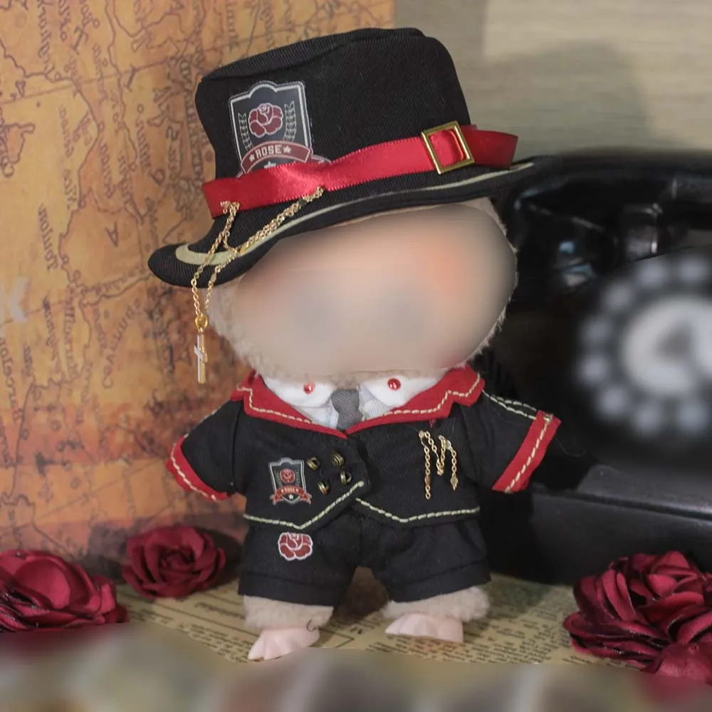 niannyyhouse 10cm Plush Doll Clothes Hat Tie Shirt Coat Strap Pants Red Black Uniform Outfit 4in Doll Dressup