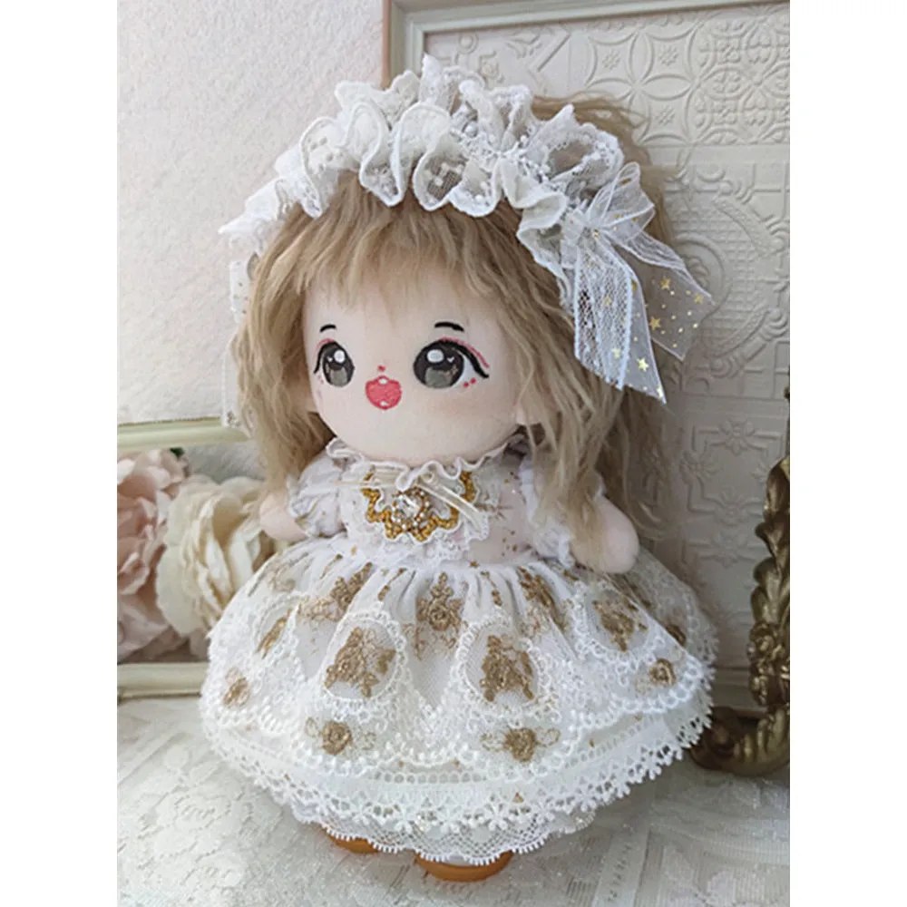 niannyyhouse 20cm Plush Doll Clothes Golden Lace Princess Dress Headdress Mesh Veil 8in Doll Clothing