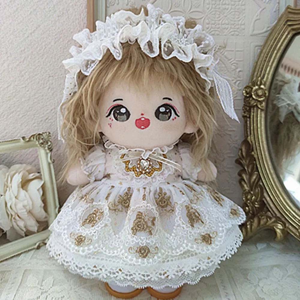 niannyyhouse 20cm Plush Doll Clothes Golden Lace Princess Dress Headdress Mesh Veil 8in Doll Clothing