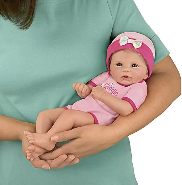 The Ashton - Drake Galleries Cuddle Cutie Lifelike So Truly Real® Baby Girl Doll and Pillow Set Weighted Fully Poseable with Soft RealTouch® Vinyl Skin by Master Doll Artist Violet Parker 17"-Inches