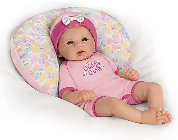 The Ashton - Drake Galleries Cuddle Cutie Lifelike So Truly Real® Baby Girl Doll and Pillow Set Weighted Fully Poseable with Soft RealTouch® Vinyl Skin by Master Doll Artist Violet Parker 17"-Inches
