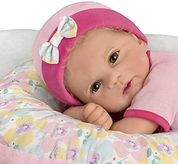 The Ashton - Drake Galleries Cuddle Cutie Lifelike So Truly Real® Baby Girl Doll and Pillow Set Weighted Fully Poseable with Soft RealTouch® Vinyl Skin by Master Doll Artist Violet Parker 17"-Inches