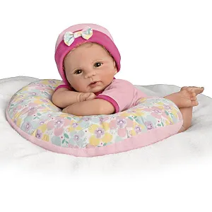 The Ashton - Drake Galleries Cuddle Cutie Lifelike So Truly Real® Baby Girl Doll and Pillow Set Weighted Fully Poseable with Soft RealTouch® Vinyl Skin by Master Doll Artist Violet Parker 17"-Inches