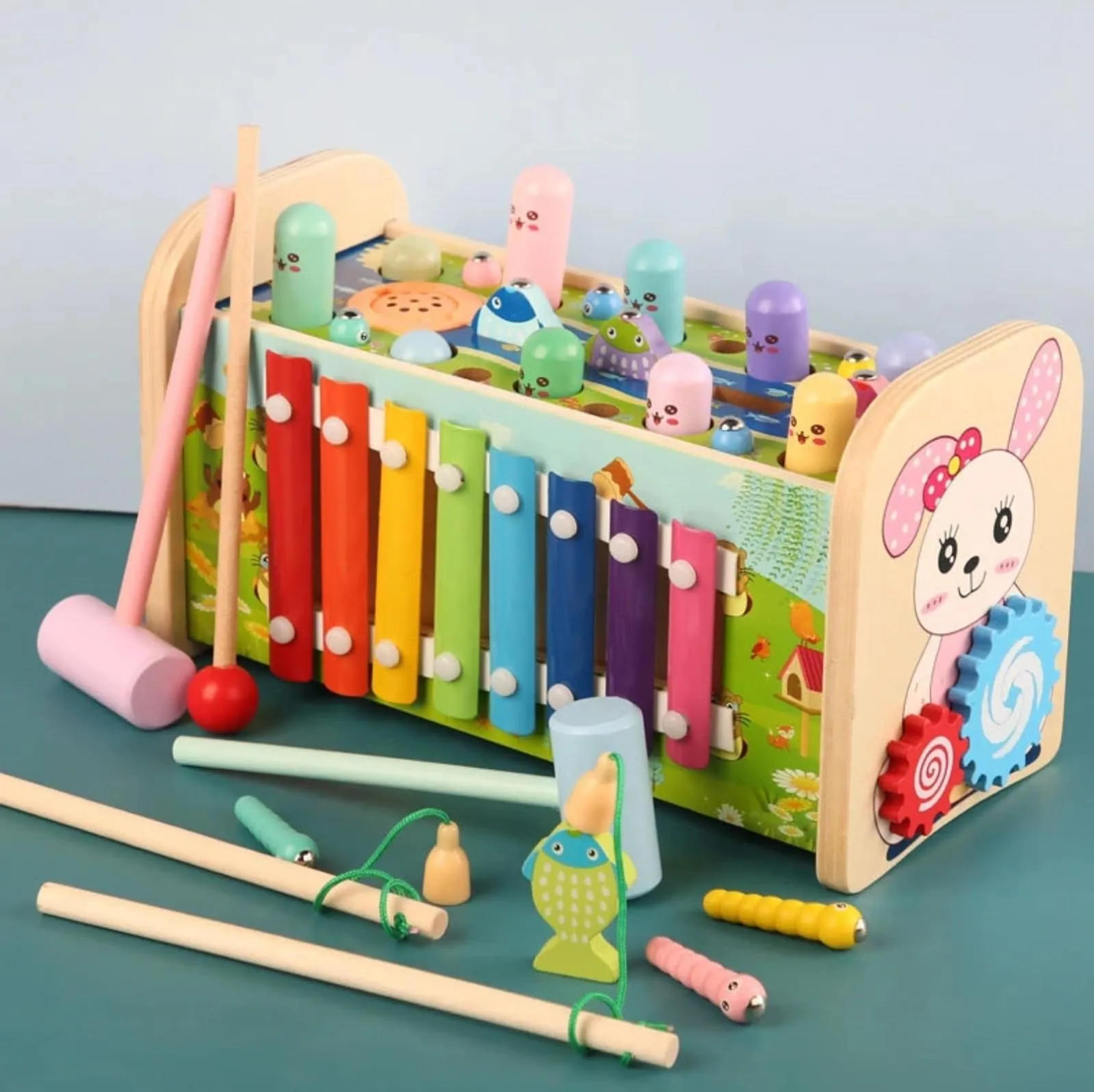 TOYARTSY Kids Hammer Wooden Toy with Wooden Bench Sea Mouse Hammer 7 in 1