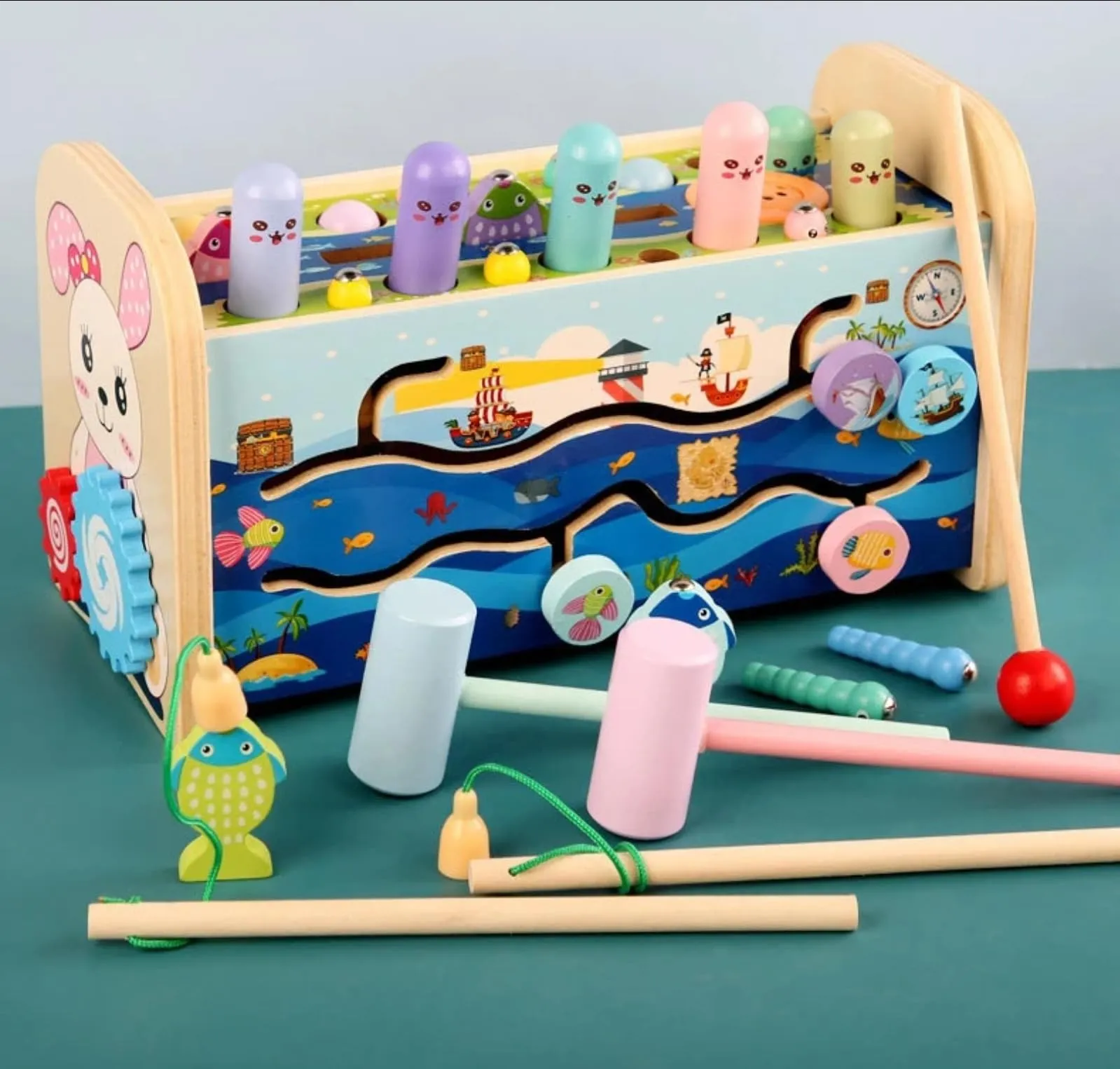 TOYARTSY Kids Hammer Wooden Toy with Wooden Bench Sea Mouse Hammer 7 in 1