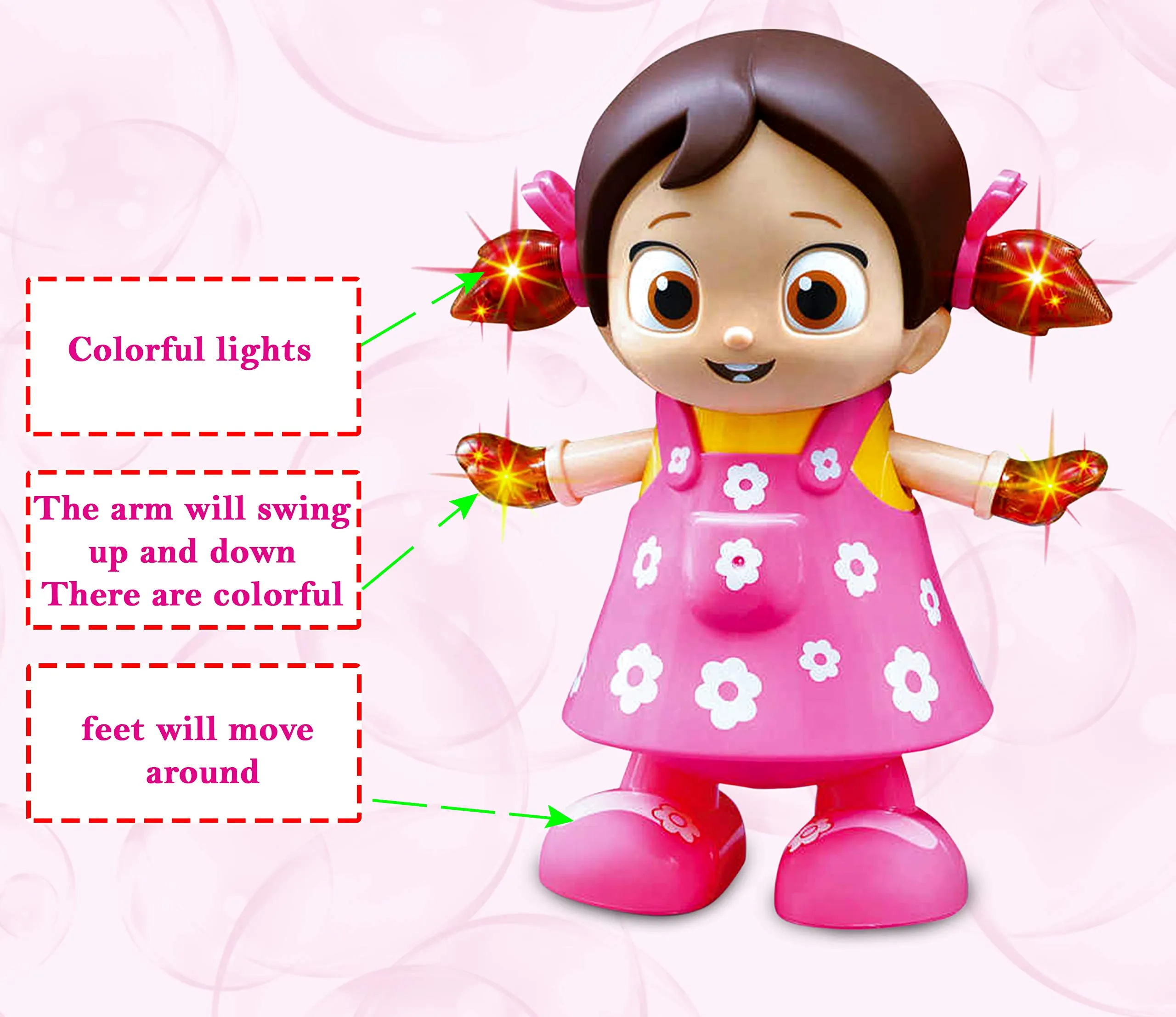 Zest 4 Toyz Musical Dancing And Singing Doll With Bump & Go Action Flashing Light & Music For Kid Early Learning Educational Musical Plastic Toy For Kids - Multicolor