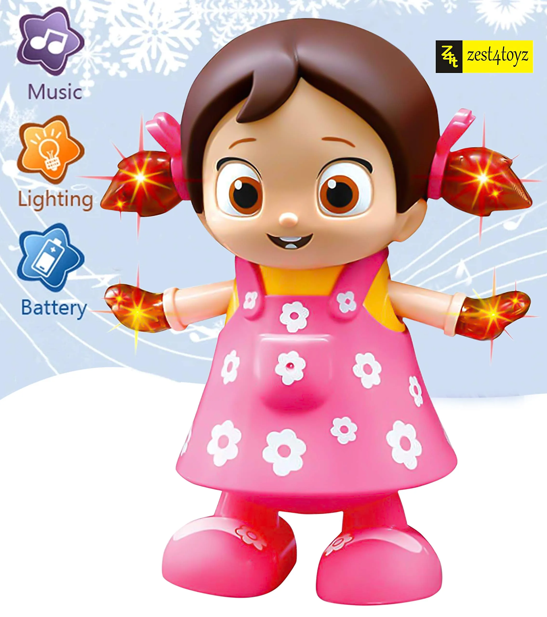 Zest 4 Toyz Musical Dancing And Singing Doll With Bump & Go Action Flashing Light & Music For Kid Early Learning Educational Musical Plastic Toy For Kids - Multicolor